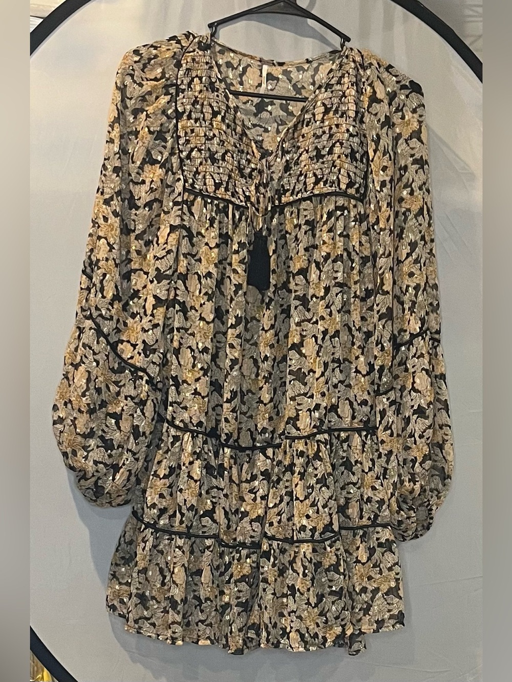 Free People Black Cream Floral Smocked Yoke Mini Dress